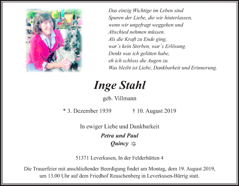  Traueranzeige für Inge Stahl vom 15.08.2019 aus Kölner Stadt-Anzeiger / Kölnische Rundschau / Express