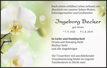 Anzeige von Ingeborg Becker von Kölner Stadt-Anzeiger / Kölnische Rundschau / Express