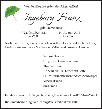 Anzeige von Ingeborg Franz von Kölner Stadt-Anzeiger / Kölnische Rundschau / Express