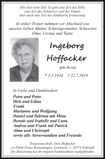 Anzeige von Ingeborg Hoffacker von  Wochenende  Schlossbote/Werbekurier 