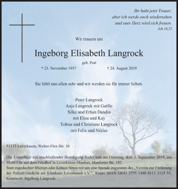 Anzeige von Ingeborg Elisabeth Langrock von Kölner Stadt-Anzeiger / Kölnische Rundschau / Express