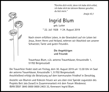 Anzeige von Ingrid Blum von Kölner Stadt-Anzeiger / Kölnische Rundschau / Express