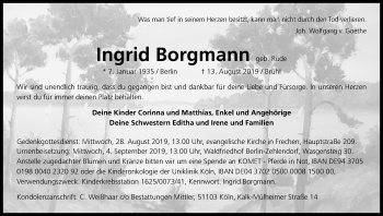 Anzeige von Ingrid Borgmann von Kölner Stadt-Anzeiger / Kölnische Rundschau / Express
