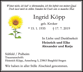 Anzeige von Ingrid Köpp von  Sonntags-Post 