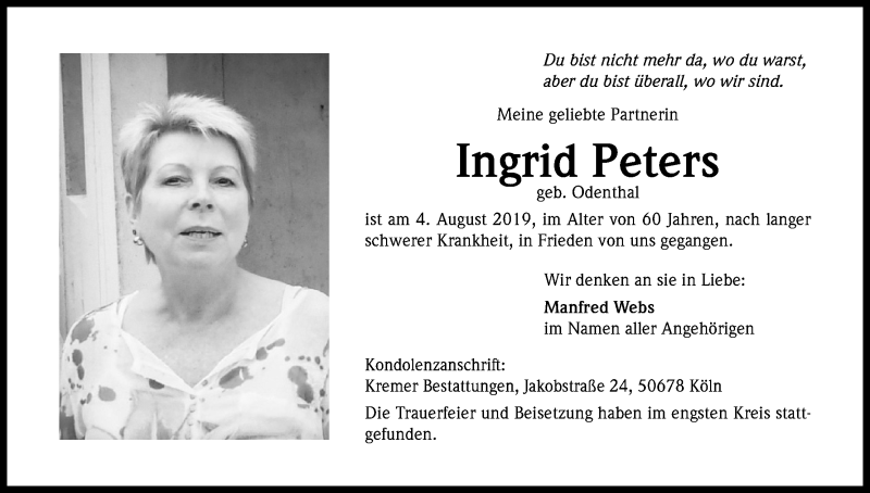  Traueranzeige für Ingrid Peters vom 31.08.2019 aus Kölner Stadt-Anzeiger / Kölnische Rundschau / Express