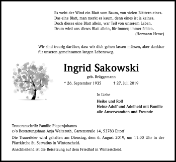 Anzeige von Ingrid Sakowski von Kölner Stadt-Anzeiger / Kölnische Rundschau / Express