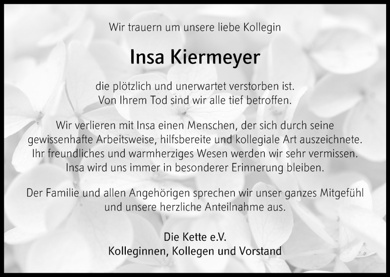  Traueranzeige für Insa Kiermeyer vom 24.08.2019 aus Kölner Stadt-Anzeiger / Kölnische Rundschau / Express