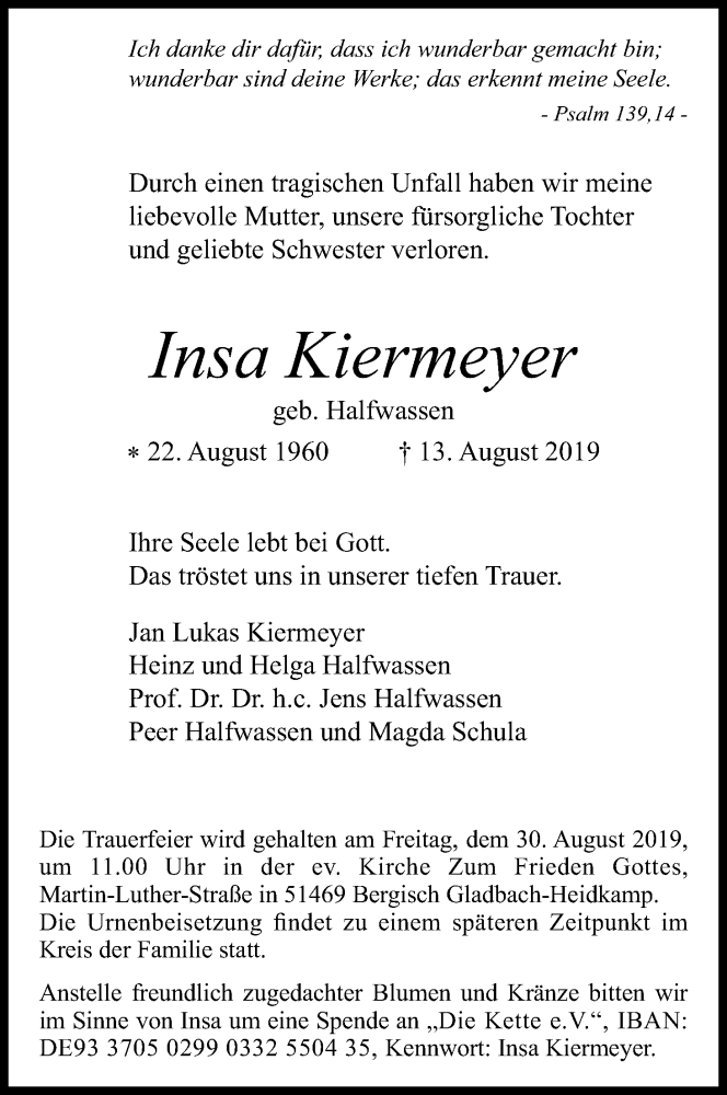  Traueranzeige für Insa Kiermeyer vom 18.07.2023 aus Kölner Stadt-Anzeiger / Kölnische Rundschau / Express