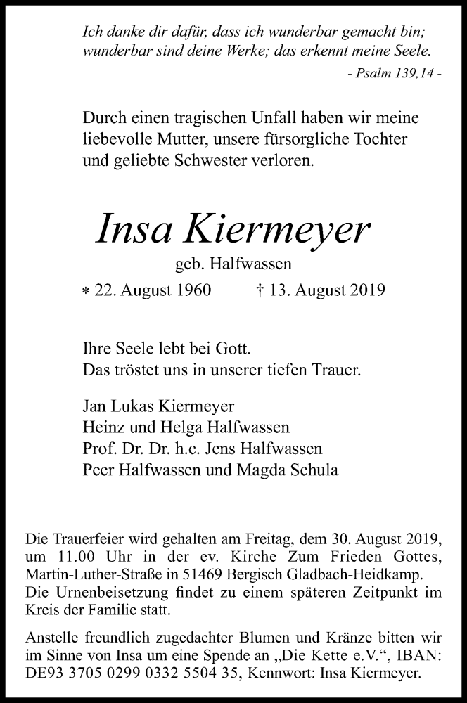  Traueranzeige für Insa Kiermeyer vom 24.08.2019 aus Kölner Stadt-Anzeiger / Kölnische Rundschau / Express