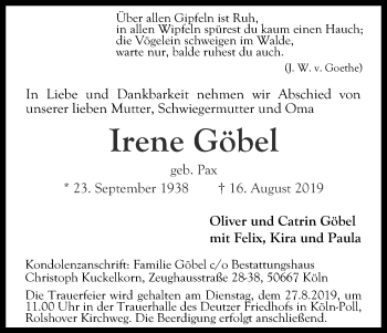 Anzeige von Irene Göbel von Kölner Stadt-Anzeiger / Kölnische Rundschau / Express