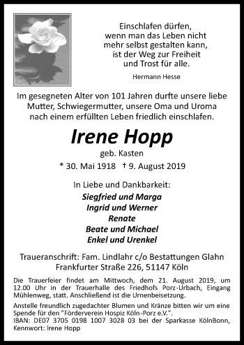 Anzeige von Irene Hopp von  Kölner Wochenspiegel 