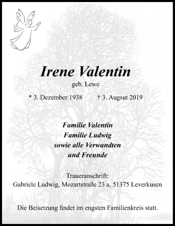 Anzeige von Irene Valentin von Kölner Stadt-Anzeiger / Kölnische Rundschau / Express