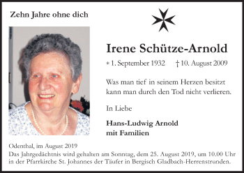 Anzeige von Ireneq Schütze-Arnold von Kölner Stadt-Anzeiger / Kölnische Rundschau / Express