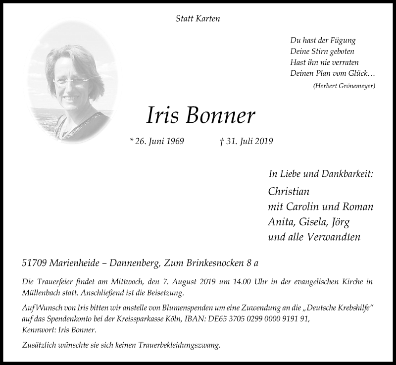  Traueranzeige für Iris Bonner vom 03.08.2019 aus Kölner Stadt-Anzeiger / Kölnische Rundschau / Express