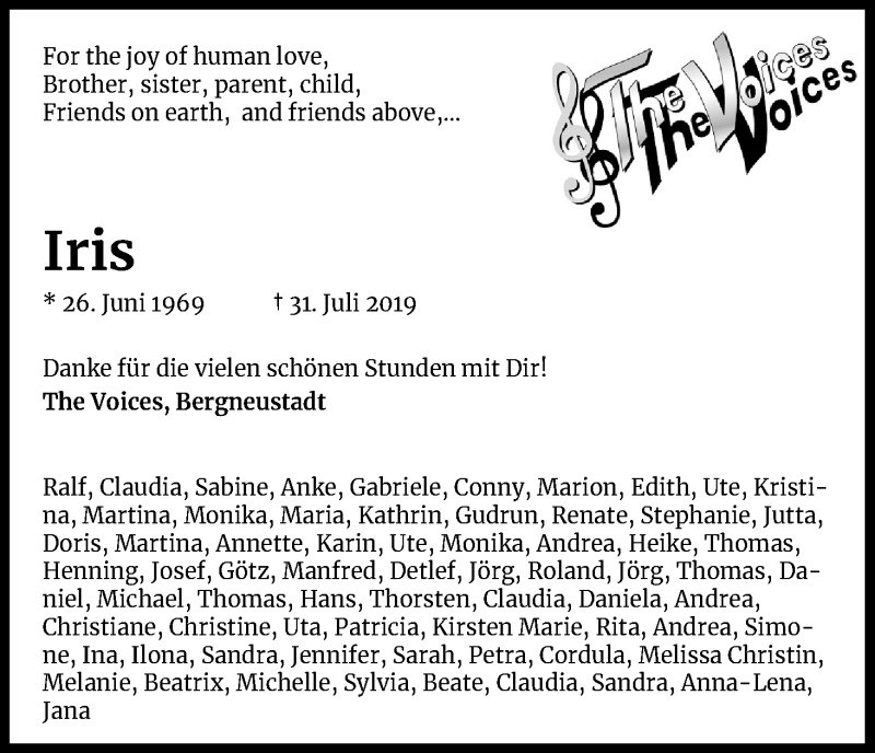 Traueranzeige für Iris Bonner vom 07.08.2019 aus Kölner Stadt-Anzeiger / Kölnische Rundschau / Express