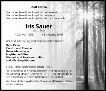 Anzeige von Iris Sauer von Kölner Stadt-Anzeiger / Kölnische Rundschau / Express