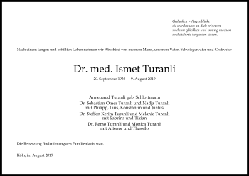 Anzeige von Ismet Turanli von Kölner Stadt-Anzeiger / Kölnische Rundschau / Express