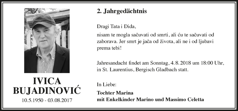  Traueranzeige für Ivica Bujadinovic vom 03.08.2019 aus  Bergisches Sonntagsblatt 