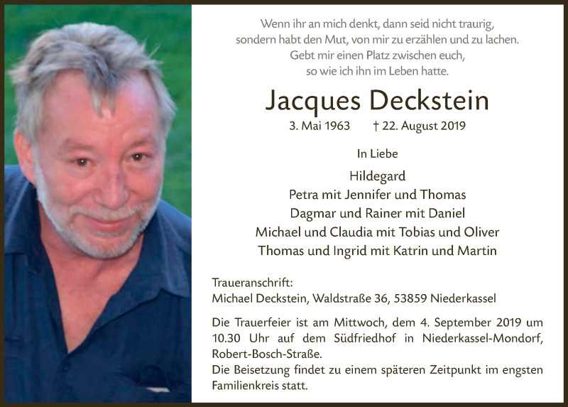 Traueranzeige für Jacques Deckstein vom 28.08.2019 aus  Extra Blatt 