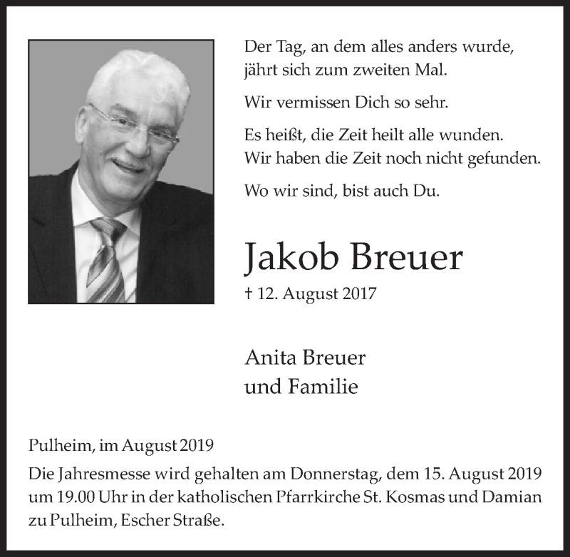  Traueranzeige für Jakob Breuer vom 10.08.2019 aus  Sonntags-Post 