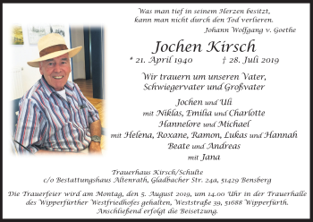 Anzeige von Jochen Kirsch von Kölner Stadt-Anzeiger / Kölnische Rundschau / Express