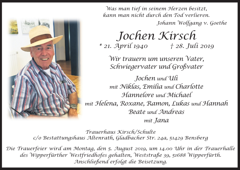  Traueranzeige für Jochen Kirsch vom 01.08.2019 aus Kölner Stadt-Anzeiger / Kölnische Rundschau / Express