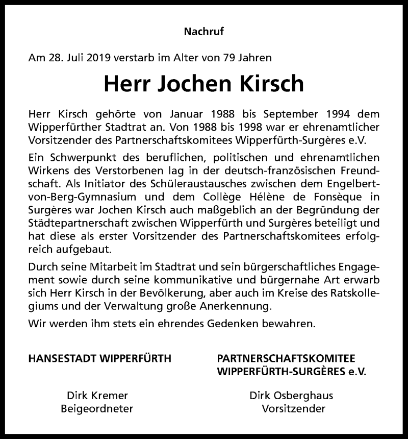  Traueranzeige für Jochen Kirsch vom 03.08.2019 aus Kölner Stadt-Anzeiger / Kölnische Rundschau / Express