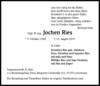 Anzeige von Jochen Ries von Kölner Stadt-Anzeiger / Kölnische Rundschau / Express