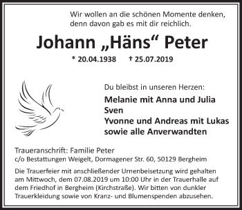 Anzeige von Johann  Peter von  Sonntags-Post 