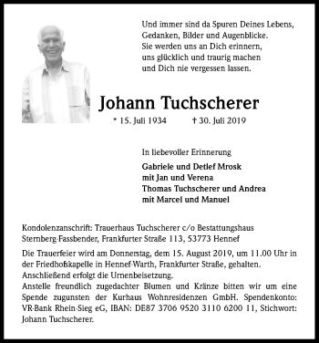 Anzeige von Johann Tuchscherer von Kölner Stadt-Anzeiger / Kölnische Rundschau / Express