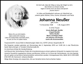 Anzeige von Johanna Neußer von Kölner Stadt-Anzeiger / Kölnische Rundschau / Express