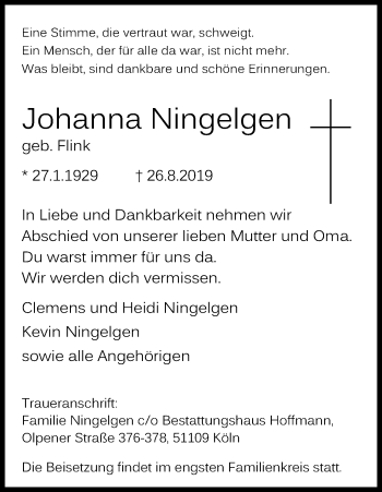 Anzeige von Johanna Ningelgen von Kölner Stadt-Anzeiger / Kölnische Rundschau / Express
