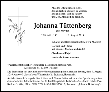 Anzeige von Johanna Tüttenberg von Kölner Stadt-Anzeiger / Kölnische Rundschau / Express
