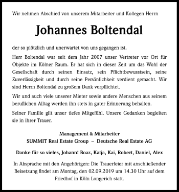 Anzeige von Johannes Boltendal von Kölner Stadt-Anzeiger / Kölnische Rundschau / Express