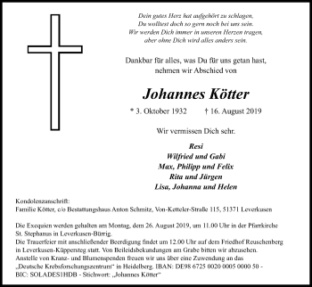 Anzeige von Johannes Kötter von Kölner Stadt-Anzeiger / Kölnische Rundschau / Express