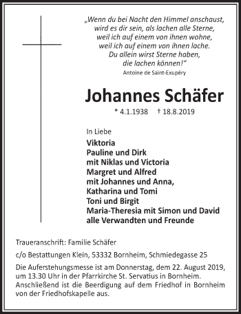 Anzeige von Johannes Schäfer von  Schaufenster/Blickpunkt 
