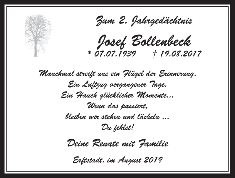  Traueranzeige für Josef Bollenbeck vom 21.08.2019 aus  Werbepost 