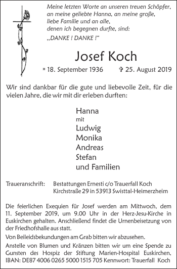 Anzeige von Josef Koch von  Blickpunkt Euskirchen 