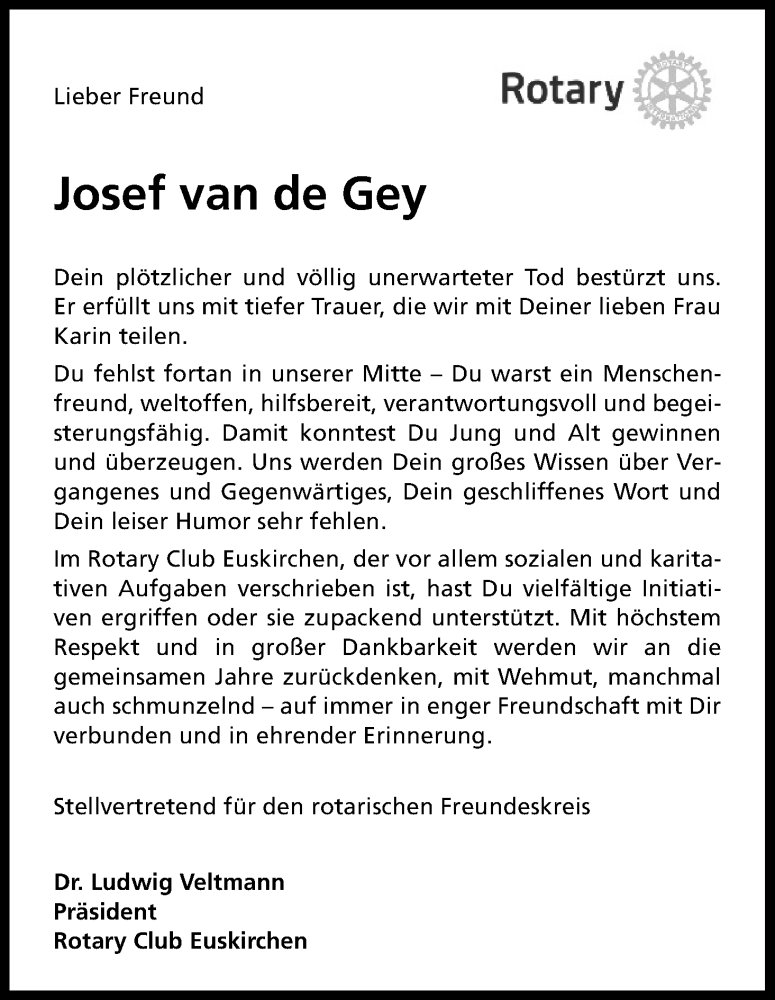  Traueranzeige für Josef van de Gey vom 31.08.2019 aus Kölner Stadt-Anzeiger / Kölnische Rundschau / Express