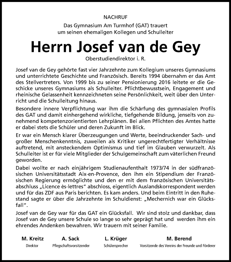  Traueranzeige für Josef van de Gey vom 31.08.2019 aus Kölner Stadt-Anzeiger / Kölnische Rundschau / Express