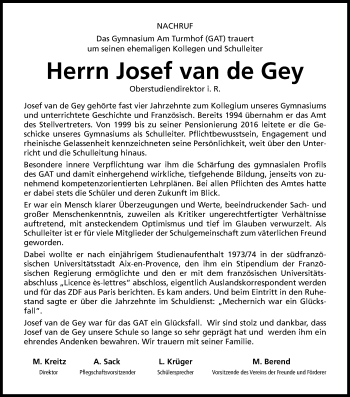 Anzeige von Josef van de Gey von Kölner Stadt-Anzeiger / Kölnische Rundschau / Express