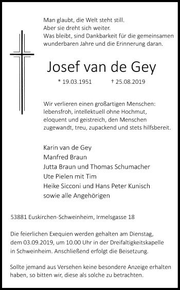 Anzeige von Josef van de Gey von Kölner Stadt-Anzeiger / Kölnische Rundschau / Express