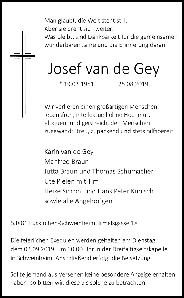  Traueranzeige für Josef van de Gey vom 30.08.2019 aus Kölner Stadt-Anzeiger / Kölnische Rundschau / Express