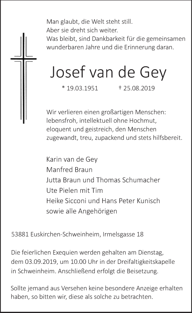  Traueranzeige für Josef van de Gey vom 31.08.2019 aus  Blickpunkt Euskirchen 