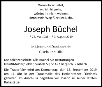 Anzeige von Joseph Büchel von Kölner Stadt-Anzeiger / Kölnische Rundschau / Express