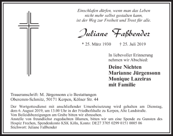 Anzeige von Juliane Faßbender von  Sonntags-Post 