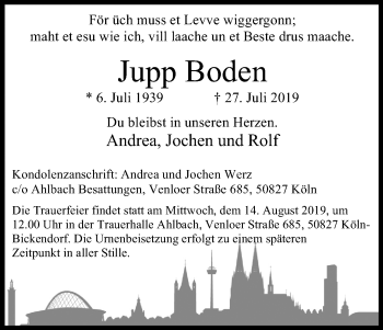 Anzeige von Jupp Boden von Kölner Stadt-Anzeiger / Kölnische Rundschau / Express