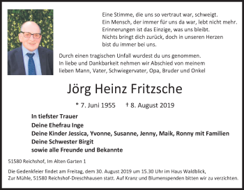 Anzeige von Jörg Heinz Fritzsche von Kölner Stadt-Anzeiger / Kölnische Rundschau / Express