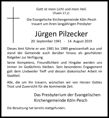 Anzeige von Jürgen Pilzecker von Kölner Stadt-Anzeiger / Kölnische Rundschau / Express