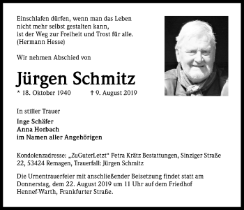 Anzeige von Jürgen Schmitz von Kölner Stadt-Anzeiger / Kölnische Rundschau / Express